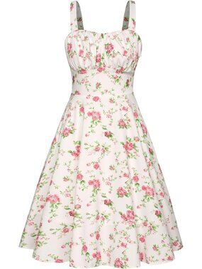 Women's White Pink Floral Gingham Vintage A-Line Midi Cocktail Tea Party Dress